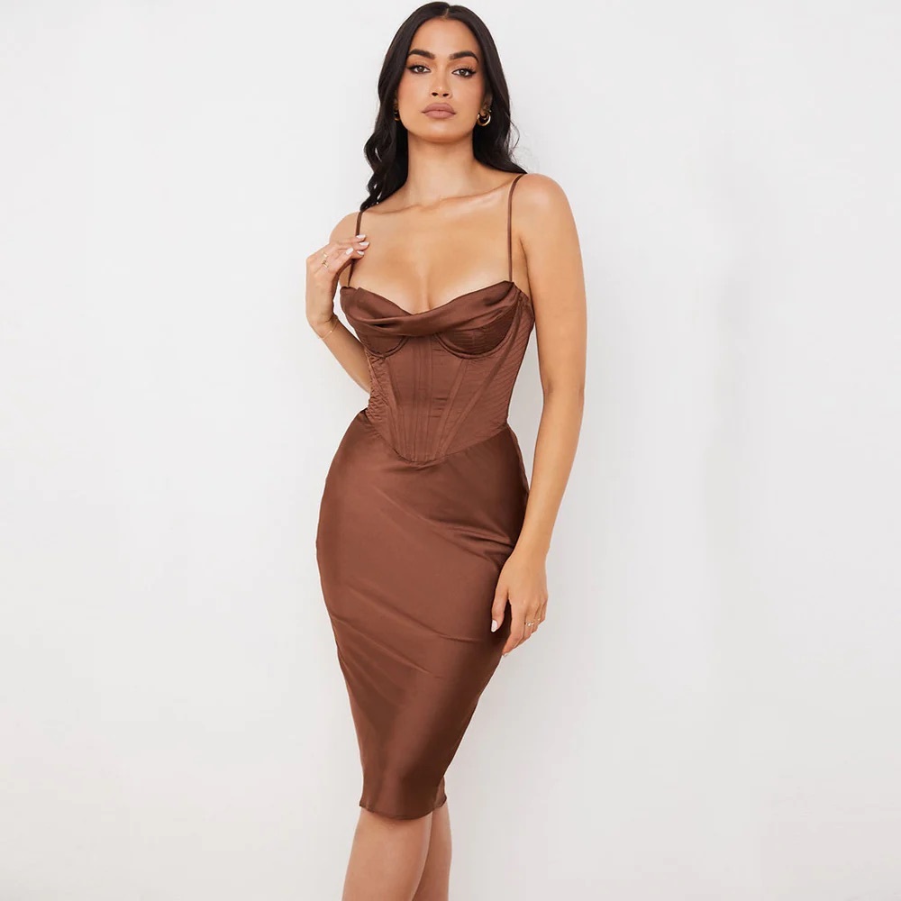 SATIN CORSET MIDI DRESS - CHOCOLATE
